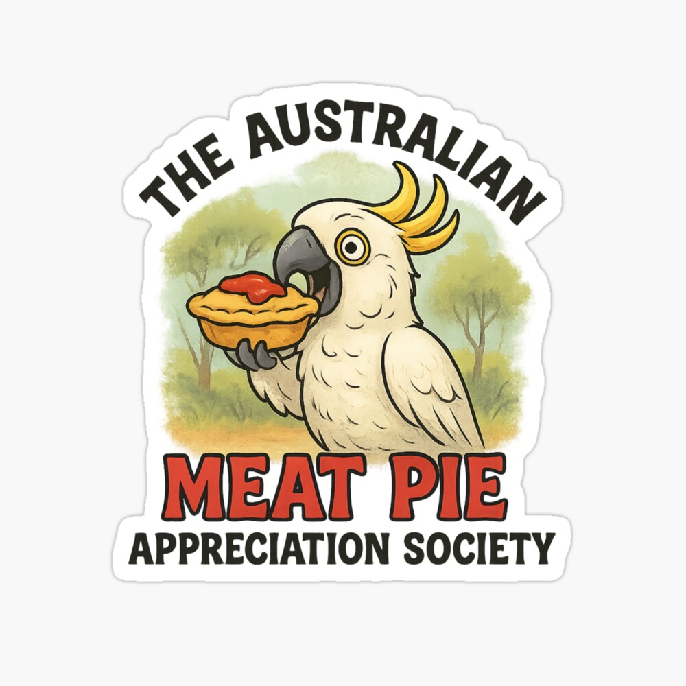 Glossy vinyl sticker of cartoon cockatoo holding meat pie with tomato sauce in front of gum-tree background