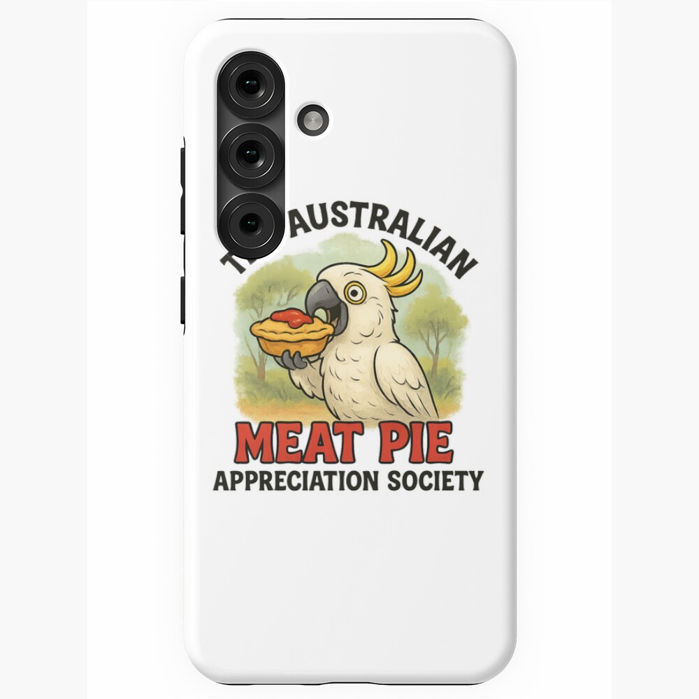 Samsung Galaxy tough case with cartoon cockatoo clutching tomato-sauced meat pie set in gum-tree bushland