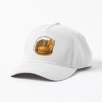 Cotton baseball cap featuring embroidered patch of golden Aussie meat pie with wooden boomerang and bright surfboard by the beach