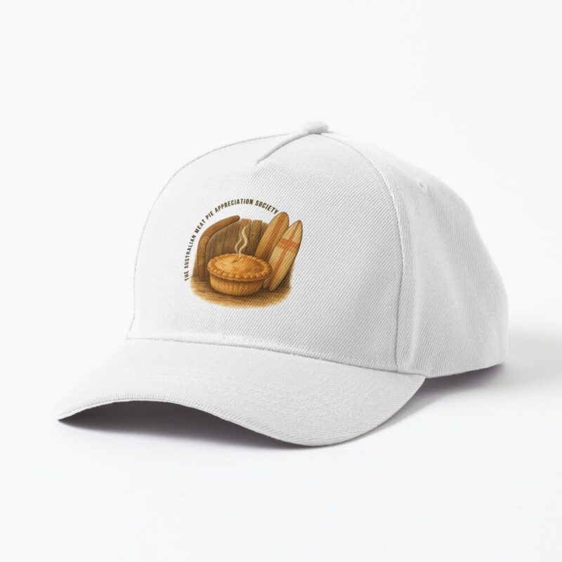 Cotton baseball cap featuring embroidered patch of golden Aussie meat pie with wooden boomerang and bright surfboard by the beach