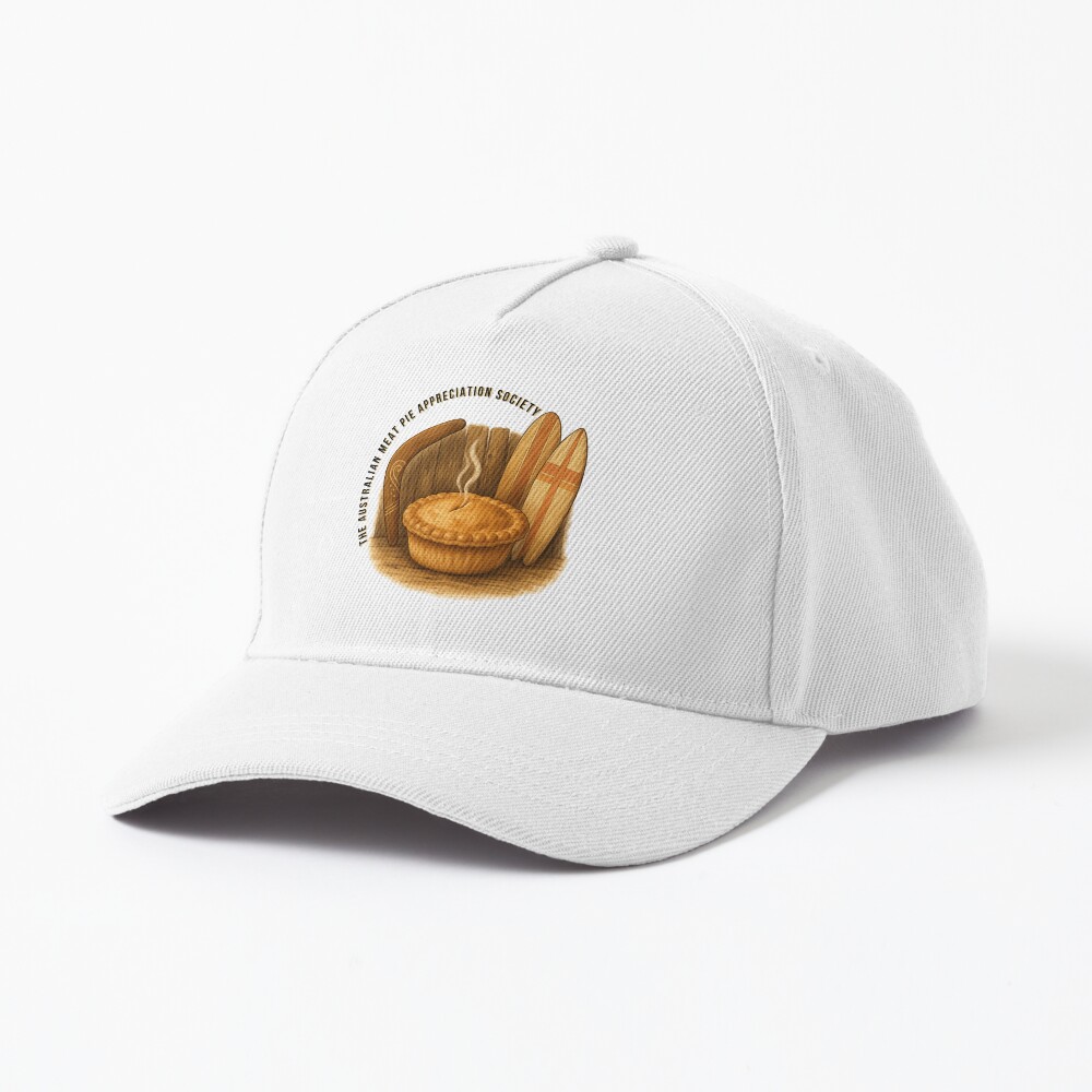 Cotton baseball cap featuring embroidered patch of golden Aussie meat pie with wooden boomerang and bright surfboard by the beach