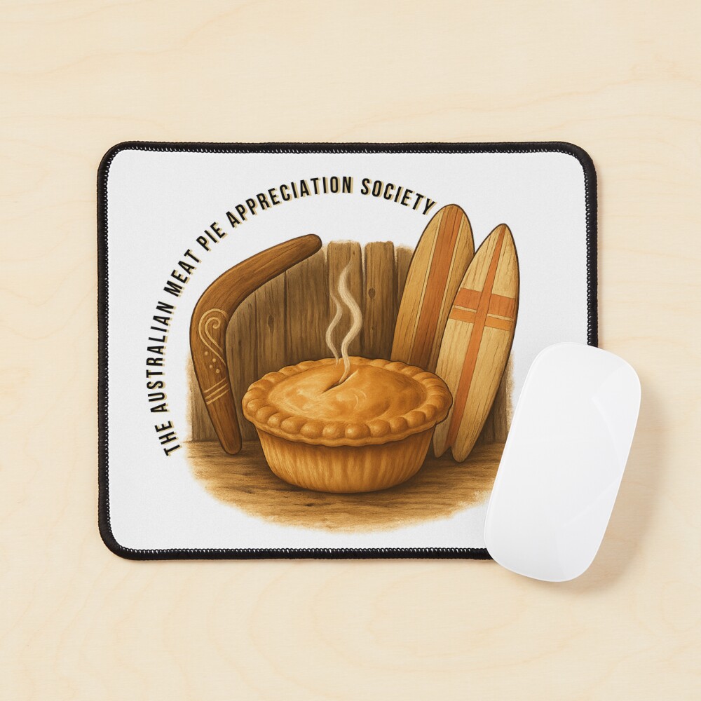 Desk mouse pad printed with golden Aussie meat pie framed by wooden boomerang and colourful surfboard on sandy beach backdrop