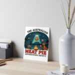 Poster or art print of UFO abducting golden Aussie meat pie over campfire with kangaroo and emu under starry night sky