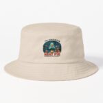 Cotton bucket hat embroidered/printed with UFO abducting Aussie meat pie over bush campfire scene