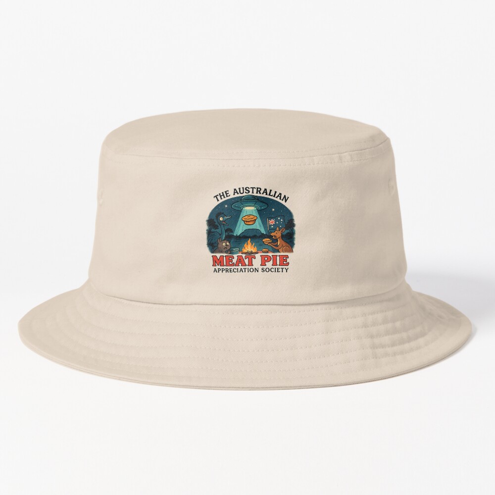 Cotton bucket hat embroidered/printed with UFO abducting Aussie meat pie over bush campfire scene