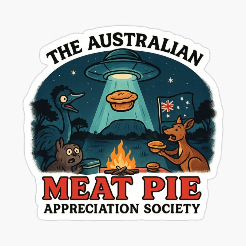 “Glossy sticker of UFO beaming up golden meat pie over Aussie campfire with kangaroo and emu characters”