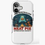 “Tough phone case featuring UFO abducting meat pie over Aussie campfire scene with kangaroo, emu and starry night”