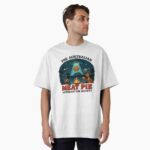Classic T-shirt featuring cartoon UFO beaming up a golden meat pie over Aussie bush campfire with kangaroo, emu and night sky