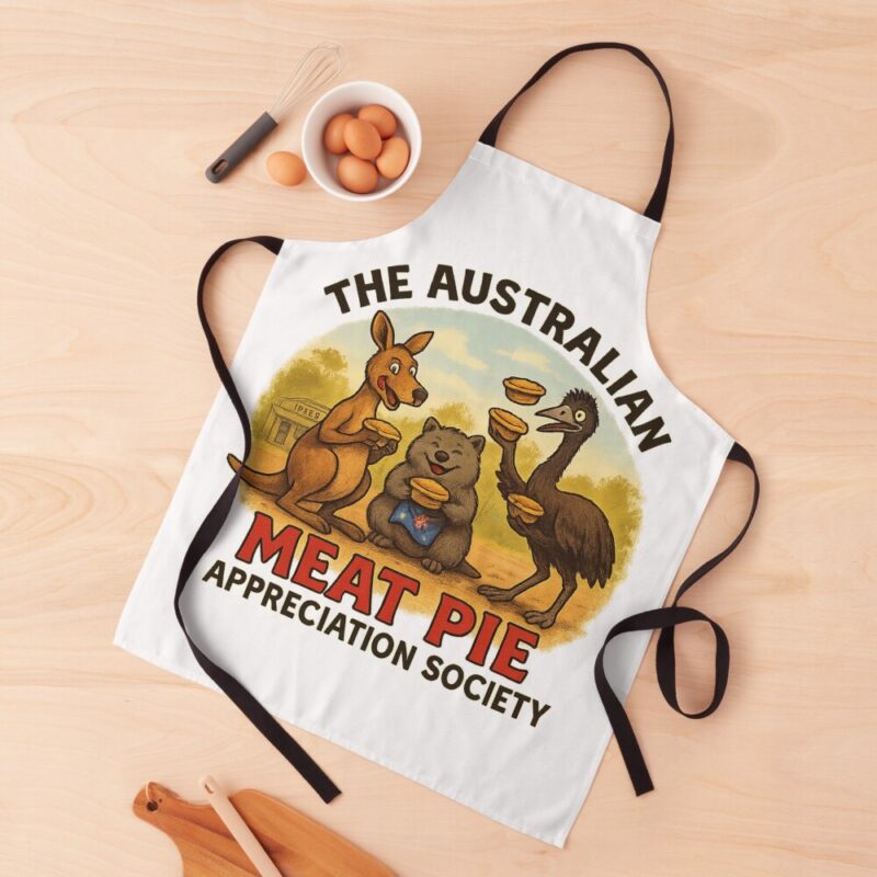 Adjustable cotton BBQ kitchen apron printed with cartoon kangaroo wombat emu eating hot meat pies on red-earth outback scene