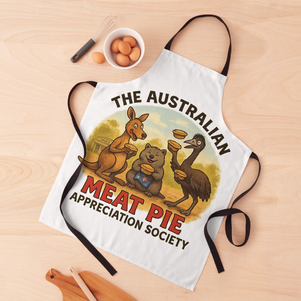 Adjustable cotton BBQ kitchen apron printed with cartoon kangaroo wombat emu eating hot meat pies on red-earth outback scene