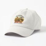 Cotton dad-cap featuring cartoon kangaroo wombat emu holding meat pies on dusty red outback plain