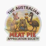 Holographic sticker of cartoon kangaroo wombat emu holding meat pies on dusty red outback ground