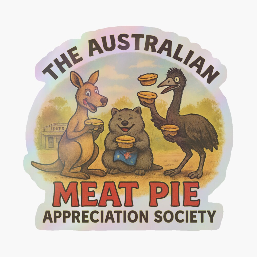 Holographic sticker of cartoon kangaroo wombat emu holding meat pies on dusty red outback ground