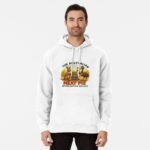 Pullover hoodie featuring cartoon kangaroo wombat emu sitting on red-earth enjoying hot Aussie meat pies