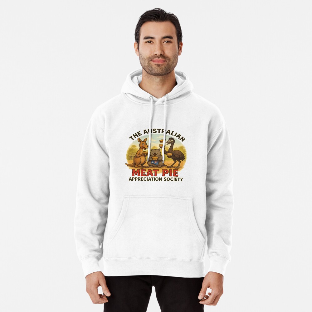 Pullover hoodie featuring cartoon kangaroo wombat emu sitting on red-earth enjoying hot Aussie meat pies