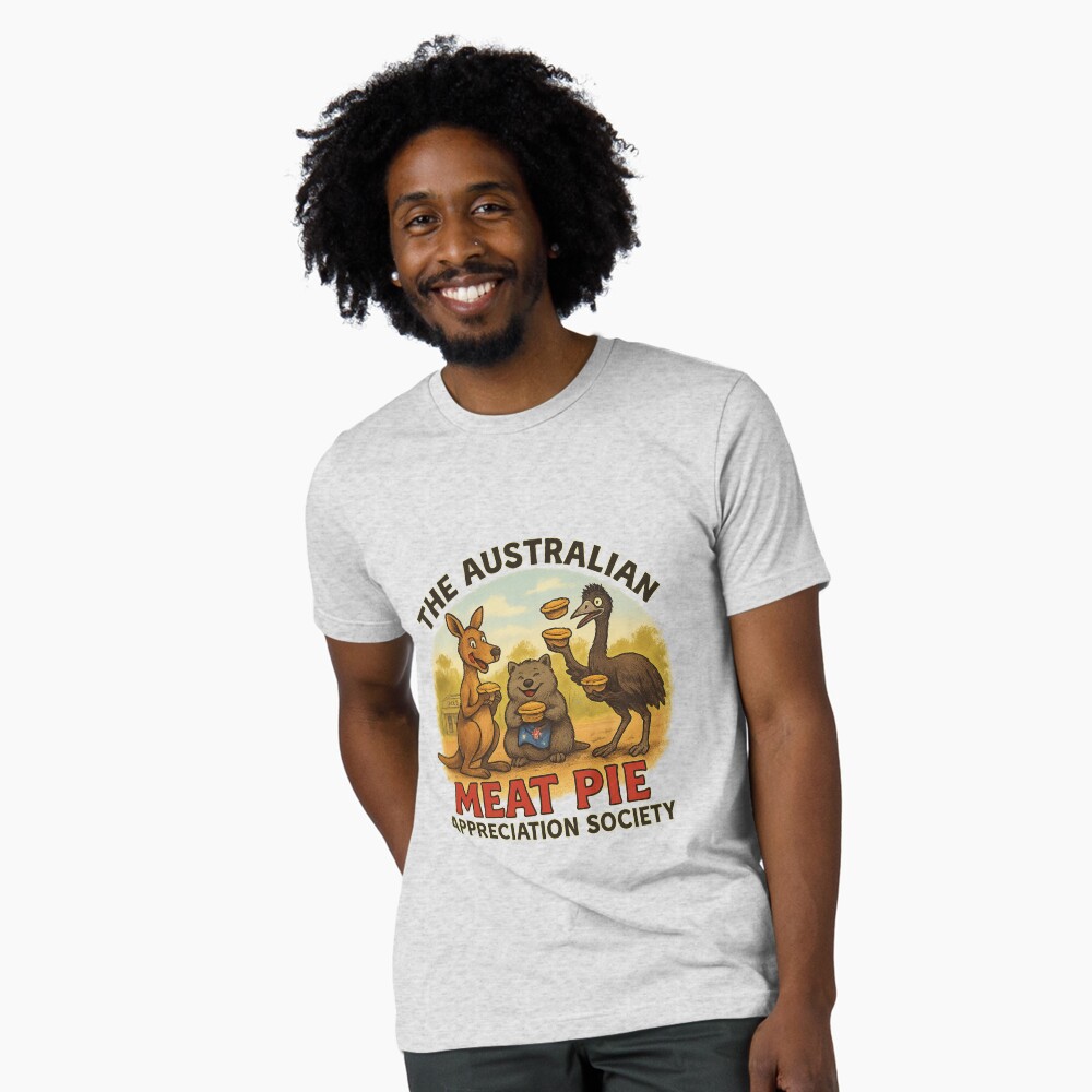 Tri-blend unisex T-shirt printed with cartoon kangaroo wombat emu sharing Aussie meat pies on red-dirt outback scene