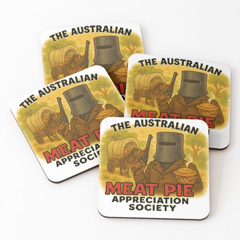 Set of four cork-backed drink coasters printed with cartoon Ned Kelly bushranger in helmet holding hot Aussie meat pie