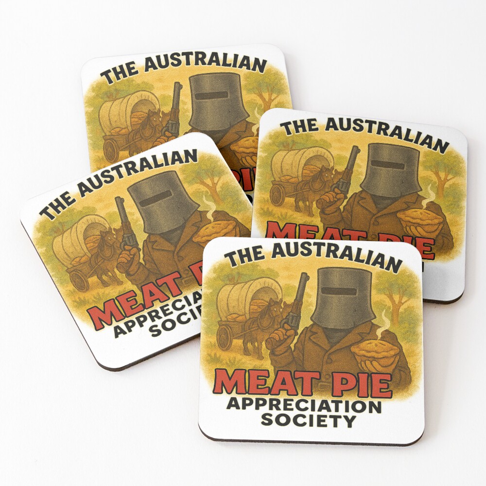 Set of four cork-backed drink coasters printed with cartoon Ned Kelly bushranger in helmet holding hot Aussie meat pie