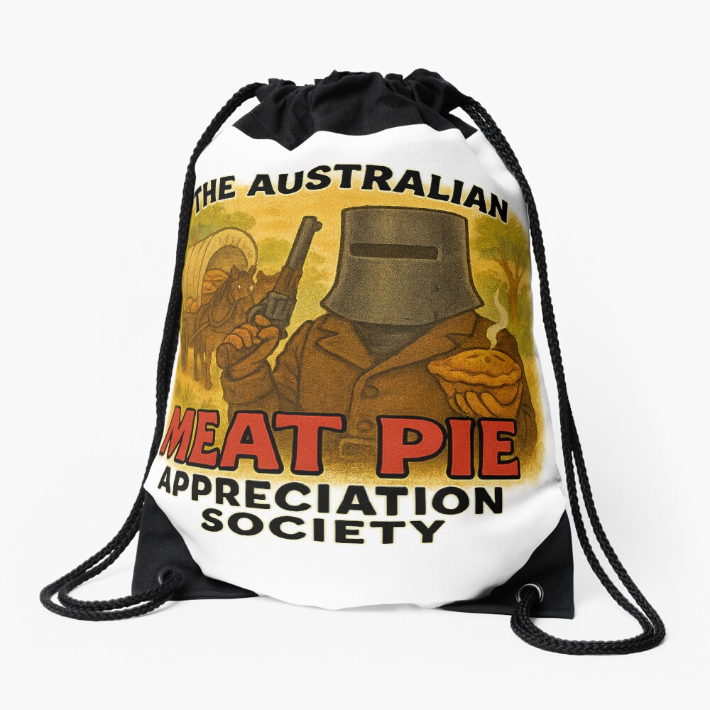 Lightweight drawstring gym sack printed with cartoon Ned Kelly bushranger in iron helmet holding Aussie meat pie