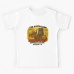 Kids short-sleeve cotton T-shirt printed with cartoon Ned Kelly bushranger in iron helmet holding Aussie meat pie