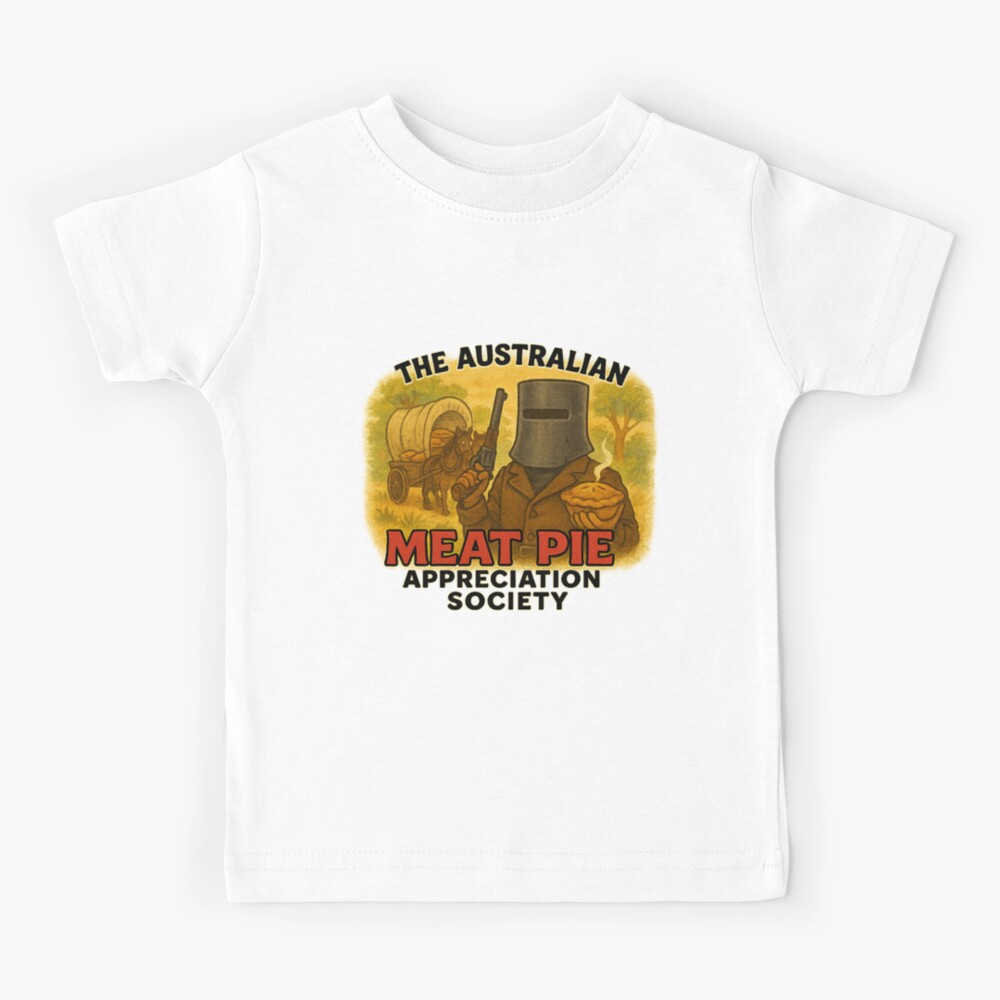 Kids short-sleeve cotton T-shirt printed with cartoon Ned Kelly bushranger in iron helmet holding Aussie meat pie