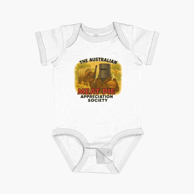 Cotton baby bodysuit printed with cute cartoon Ned Kelly bushranger in helmet offering Aussie meat pie