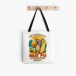 All-over print tote bag featuring surfing koala with meat pie, surfboard, waves and tropical backdrop