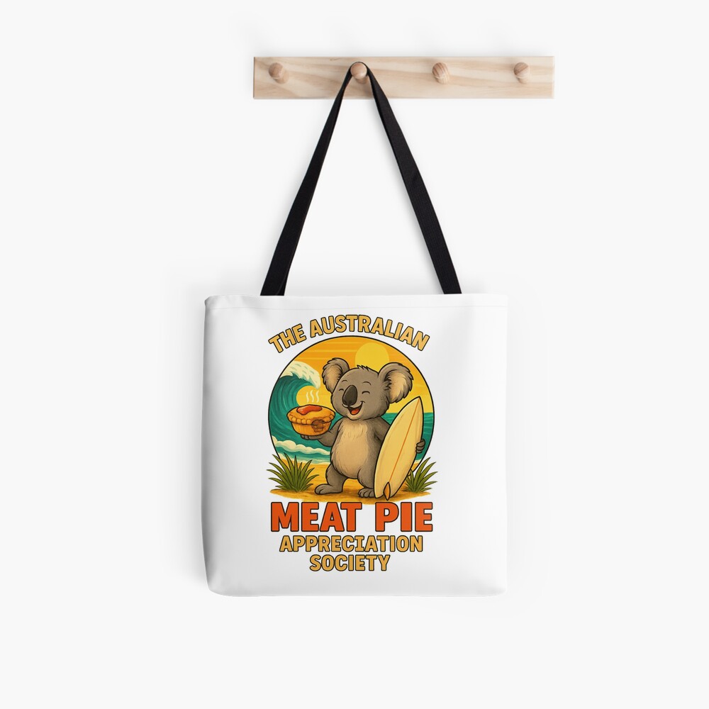All-over print tote bag featuring surfing koala with meat pie, surfboard, waves and tropical backdrop