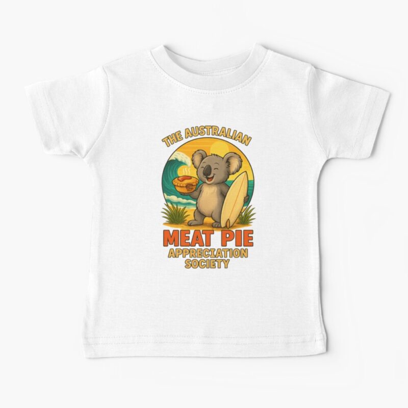 Baby T-shirt printed with cartoon koala on surfboard holding meat pie by waves