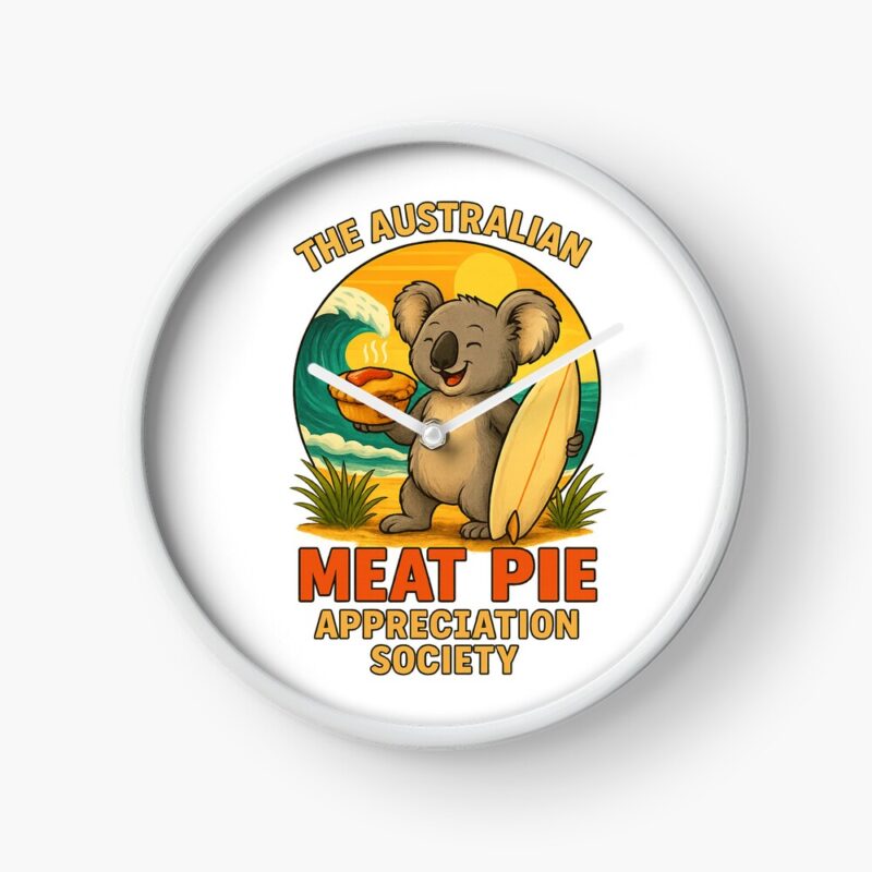 Round wall clock printed with surfing koala holding meat pie, ocean waves and sunset sky