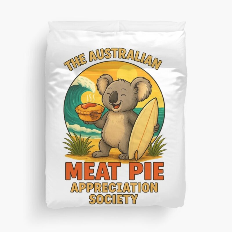 Duvet cover printed with surfboard-toting koala holding a meat pie on sandy beach with waves and sunset