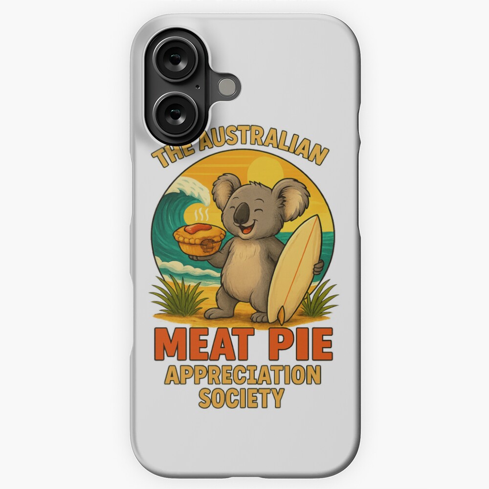 Phone snap case printed with surfing koala holding meat pie against a beach wave background