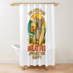 Bathroom shower curtain printed with surfing koala holding meat pie in front of seaside waves and sky