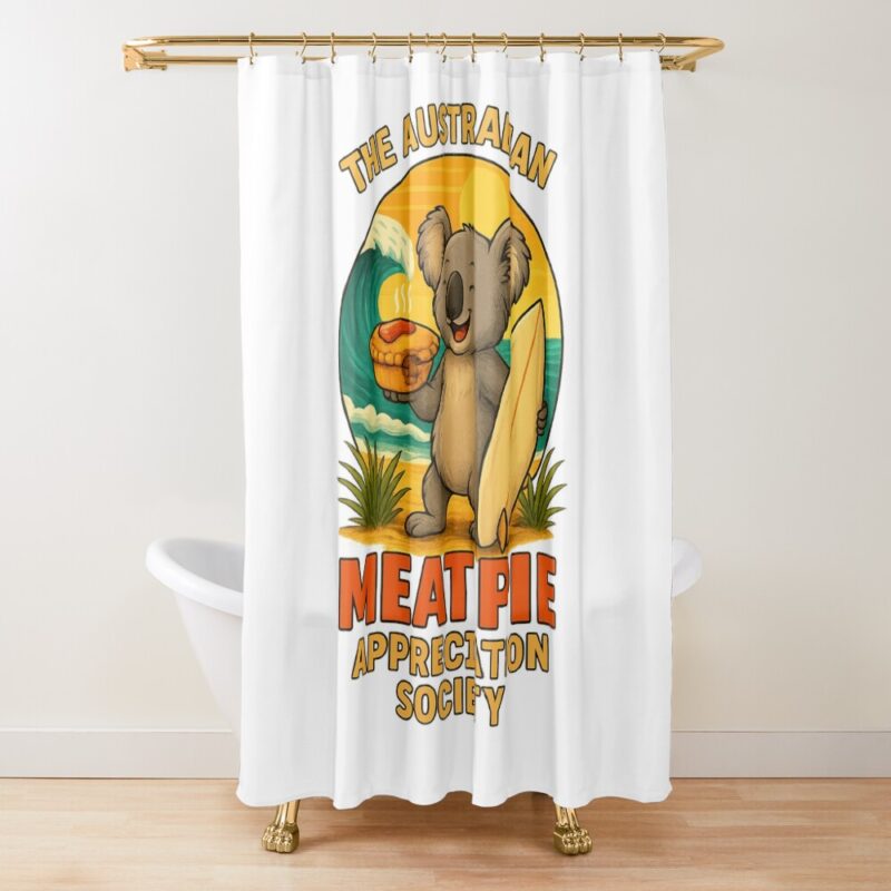 Bathroom shower curtain printed with surfing koala holding meat pie in front of seaside waves and sky
